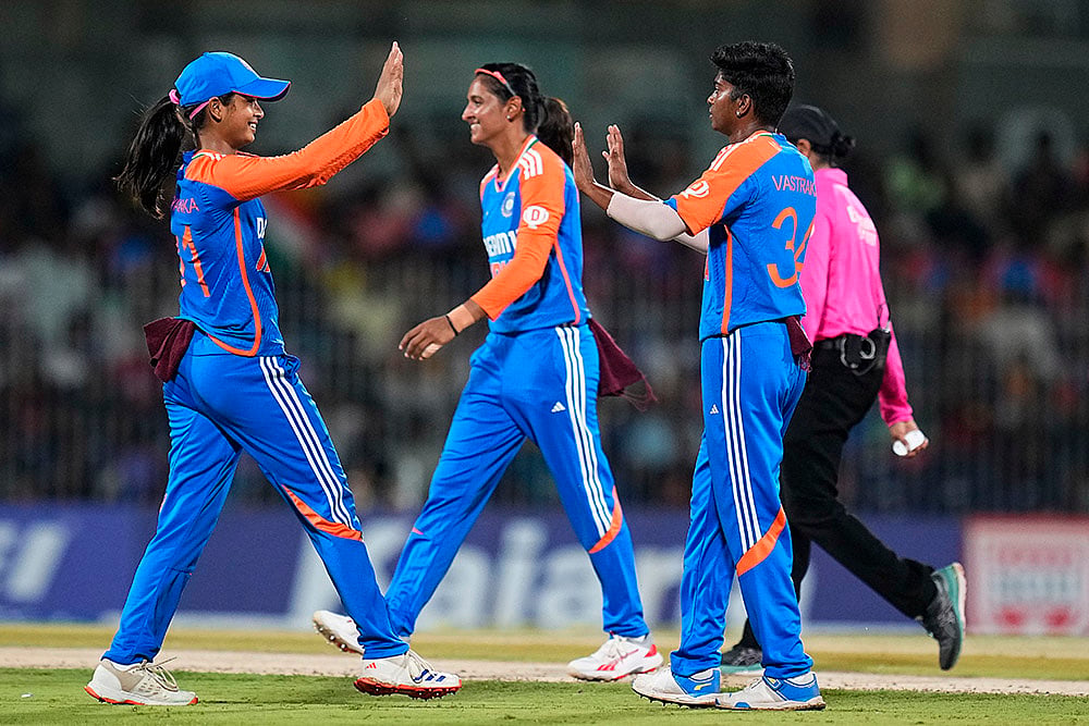 | Photo: PTI/R Senthilkumar : Pooja Vastrakar celebrates wicket of Laura Wolvaardt 
